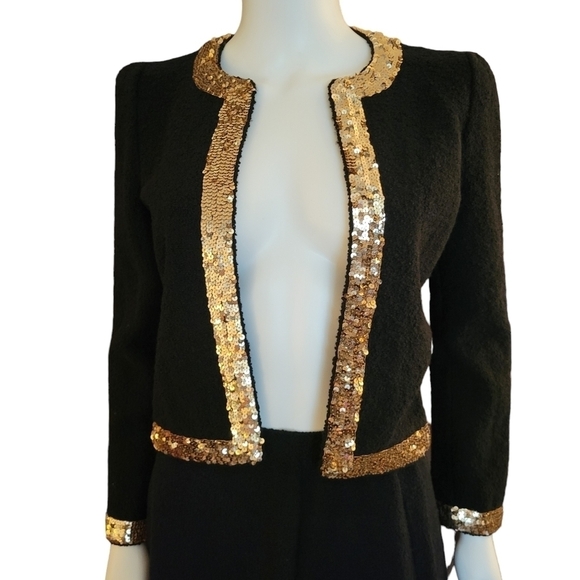 Adolfo Suit Black Gold Sequin Trim Wool S Vintage - Picture 1 of 4